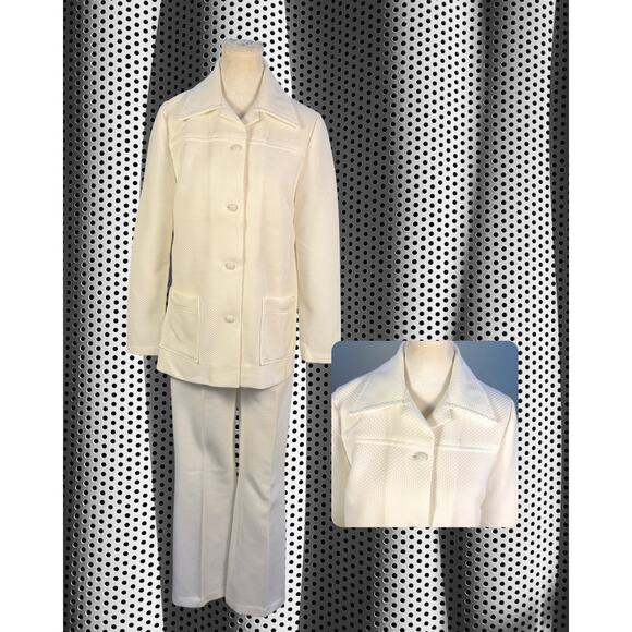 Vintage 70s Groovy White Waffle Knit Dagger Collar Blazer Flare Pants Set M/L - Picture 1 of 7